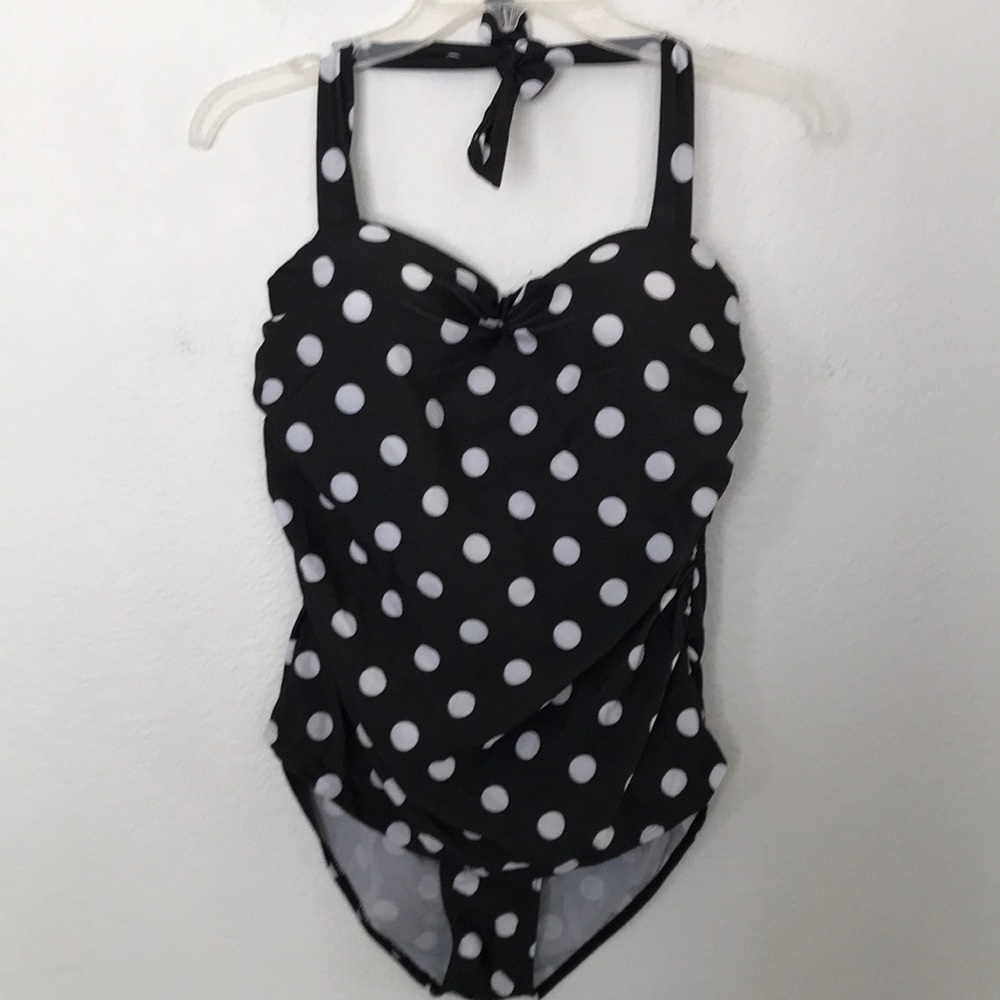 🖤NEW BLACK W/WHITE POLKA DOTS ONE PIECE SUIT PUSH UP BRA W/UNDERWIRES XL NWOT